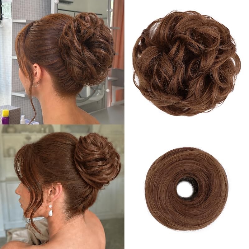 2PCS Messy Bun Hair Pieces Synthetic Hairpieces For Women Copper Brown