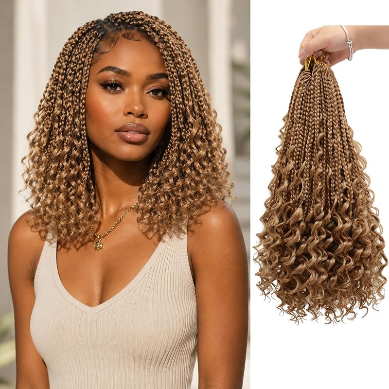 14 Inch Boho Crochet Braids with Curly Ends, Pre-Looped Goddess Box Braids Crochet Hair in Honey Blonde Blend, Soft Lightweight Braiding Hair for Black Women