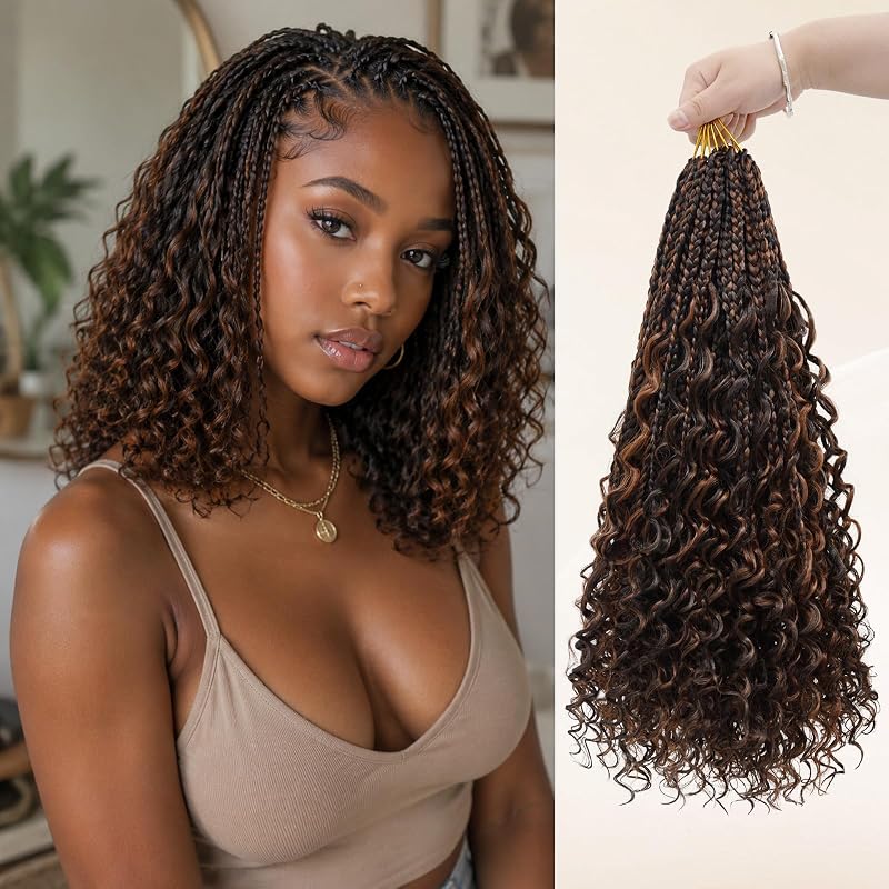14 Inch Boho Crochet Braids with Curly Ends, Pre-Looped Goddess Box Braids Crochet Hair in 4M30 Chocolate Auburn Highlights, Soft Lightweight Braiding Hair for Black Women