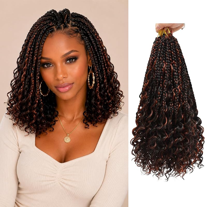 14 Inch Boho Crochet Braids with Curly Ends, Pre-Looped Goddess Box Braids in 1B/M350 Ginger Copper Highlights, Soft Lightweight Braiding Hair for Black Women