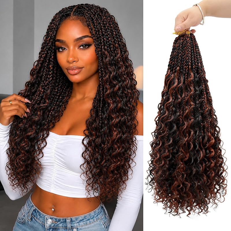 18 Inch Boho Crochet Braids with Curly Ends, Pre-Looped Goddess Braids in 1B/M350 Ginger Copper Highlights, Soft Lightweight Braiding Hair for Black Women