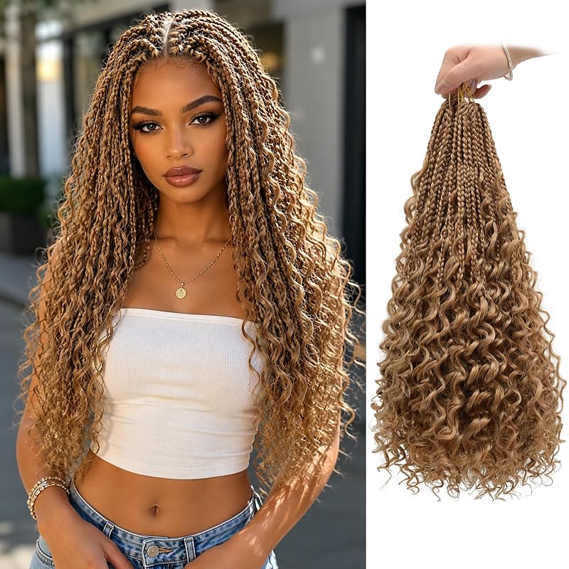 18 Inch Boho Crochet Braids with Curly Ends, Pre-Looped Goddess Braids Crochet Hair in Honey Blonde Blend, Soft Lightweight Braiding Hair for Black Women