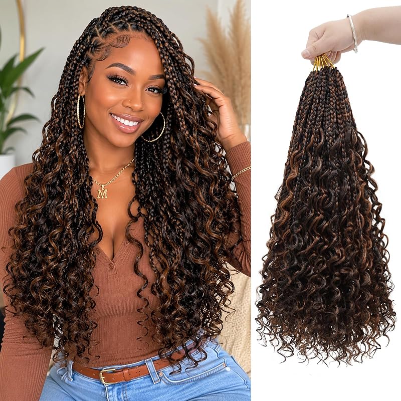 18 Inch Boho Crochet Braids with Curly Ends, Pre-Looped Goddess Braids Crochet Hair in 4M30 Chocolate Auburn Highlights, Soft Lightweight Braiding Hair for Black Women