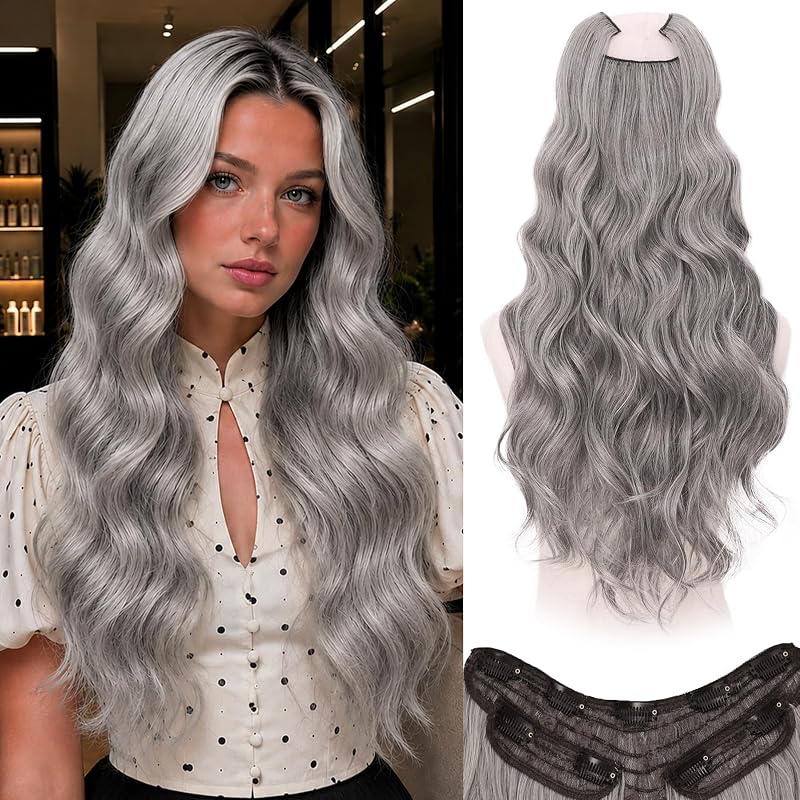 WECAN Clip In Hair Extensions, 20 Inch 3PCS Wavy Gray Synthetic Hair