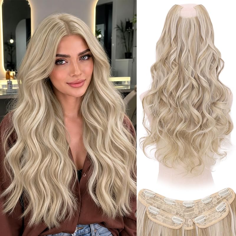 WECAN Clip In Hair Extensions, 20 Inch 3PCS Wavy Blonde Synthetic Hair