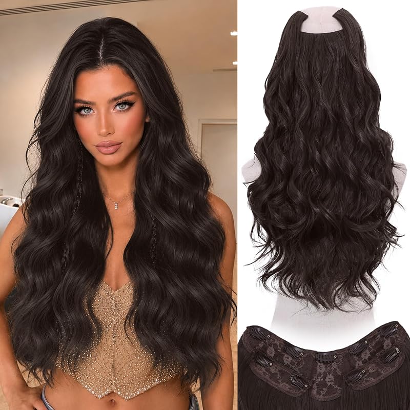 WECAN Clip In Hair Extensions, 20 Inch 3PCS Wavy Brown Synthetic Hair