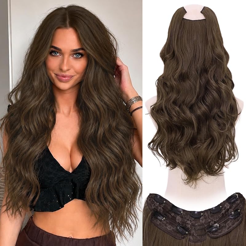 WECAN Clip In Hair Extensions, 20 Inch 3PCS Wavy Brown Synthetic Hair