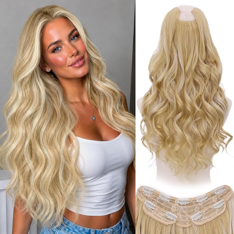 WECAN Clip In Hair Extensions, 20 Inch 3PCS Wavy Blonde Synthetic Hair