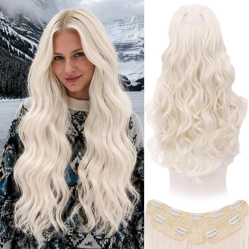 WECAN Clip In Hair Extensions, 20 Inch 3PCS Wavy Blonde Synthetic