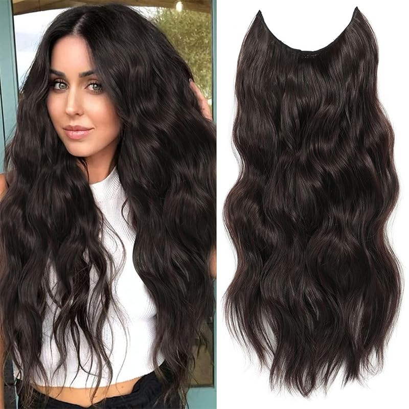 BUPPLER Halo Hair Extensions 24 Inch Invisible Wire Black Brown