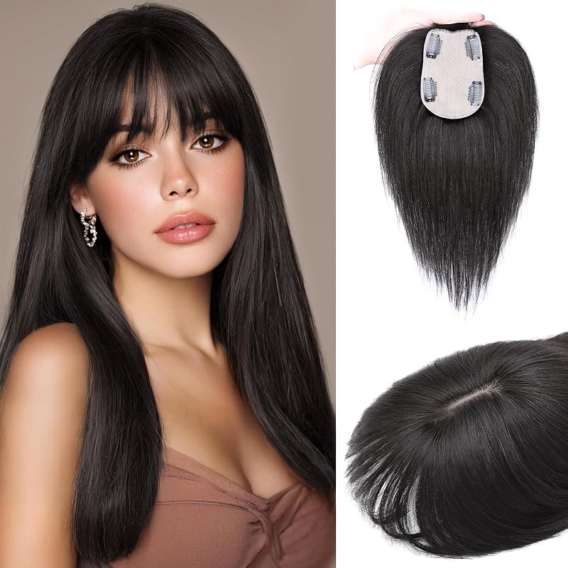 MOSINA Human Hair Toppers for Women Real Human Hair Toppers Hair Pieces for women 3.2" x 4.5" Silk Base Real Hair Toppers for Women with Thinning Hair (Dark Brown)