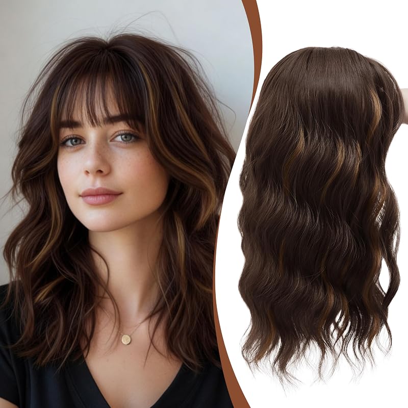 Hair Topper with Bangs 16 Inch Warm Auburn Melt Wavy Hairpiece 6.5x6.5 Base