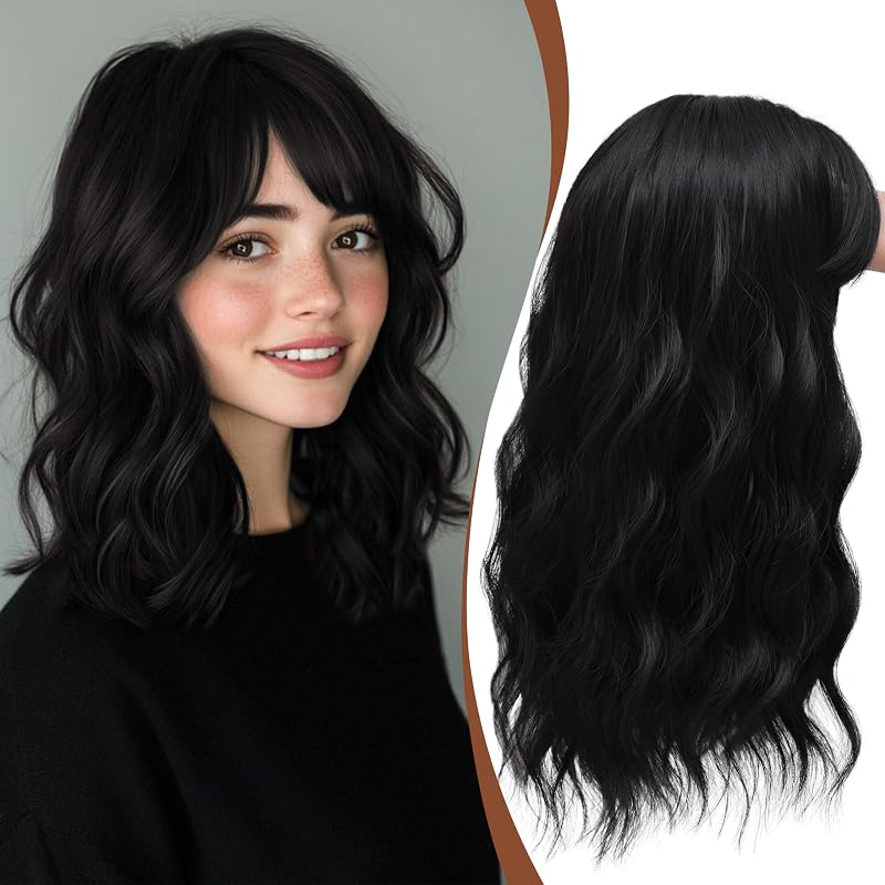 Hair Topper with Bangs 16 Inch Pitch Black Wavy Hairpiece 6.5x6.5 Base