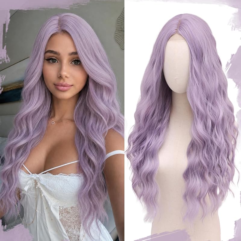 Cosplay Long Misty Purple Wig 28 Inch Middle Part Synthetic Wigs for Women