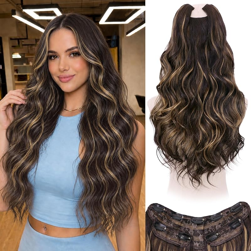 WECAN Clip In Hair Extensions, 20 Inch 3PCS Wavy Brown Synthetic Hair