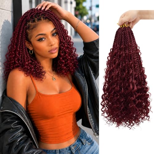 14 Inch Boho Crochet Braids with Curly Ends, Pre-Looped Goddess Box Braids Crochet Hair in Burgundy Wine Red, Soft Lightweight Braiding Hair for Black Women