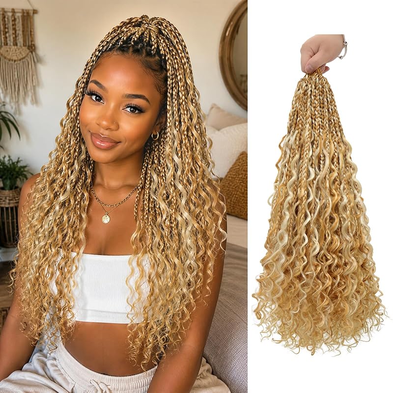 18 Inch Boho Crochet Braids with Curly Ends, Pre-Looped Goddess Braids Crochet Hair in 27M613 Honey Blonde Highlights, Soft Lightweight Braiding Hair for Black Women