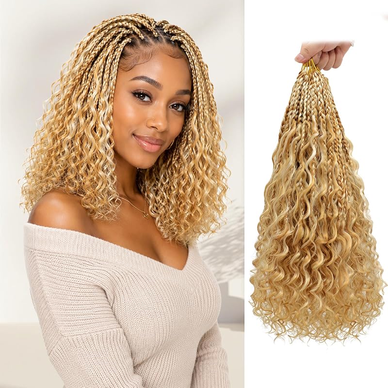 14 Inch Boho Crochet Braids with Curly Ends, Pre-Looped Goddess Box Braids Crochet Hair in 27M613 Honey Blonde Highlights, Soft Lightweight Braiding Hair for Black Women
