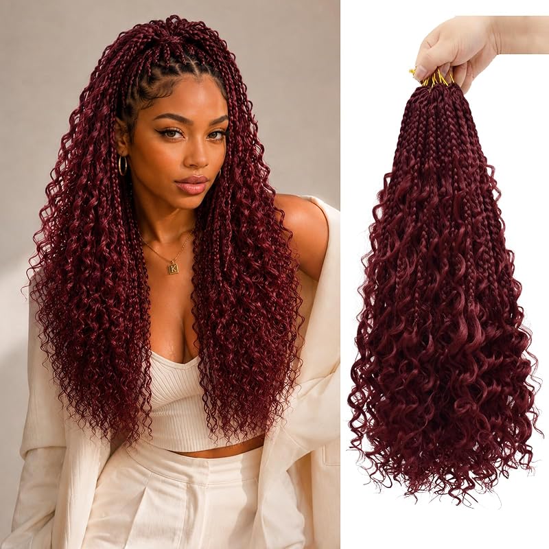 18 Inch Boho Crochet Braids with Curly Ends, Pre-Looped Goddess Braids Crochet Hair in Burgundy Wine Red, Soft Lightweight Braiding Hair for Black Women