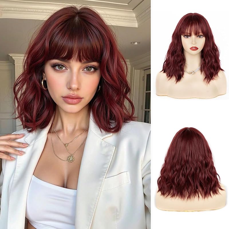 NAYOO Burgundy Red Wavy Bob Wig with Bangs for Women, 14 Inch Shoulder Length Wine Red Synthetic Wig, Heat Resistant Loose Wave Wig for Daily Wear Party Cosplay