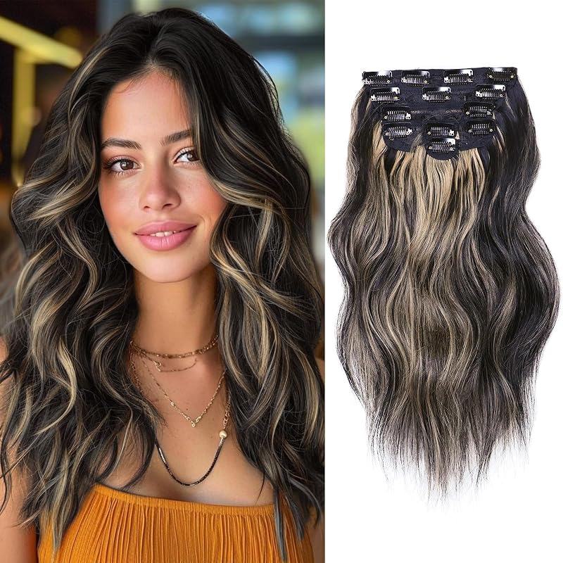 NAYOO Clip in Hair Extensions, 14 Inch Wavy Synthetic Hairpieces 6PCS