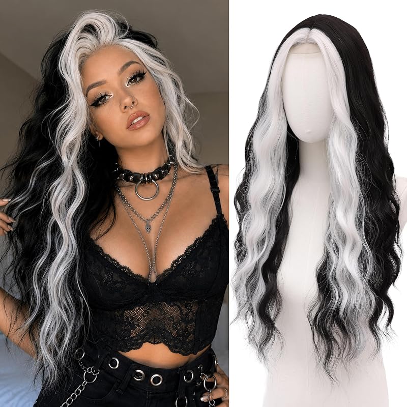 Cosplay Long Black Silver Wig 28 Inch Middle Part Synthetic Wigs for Women
