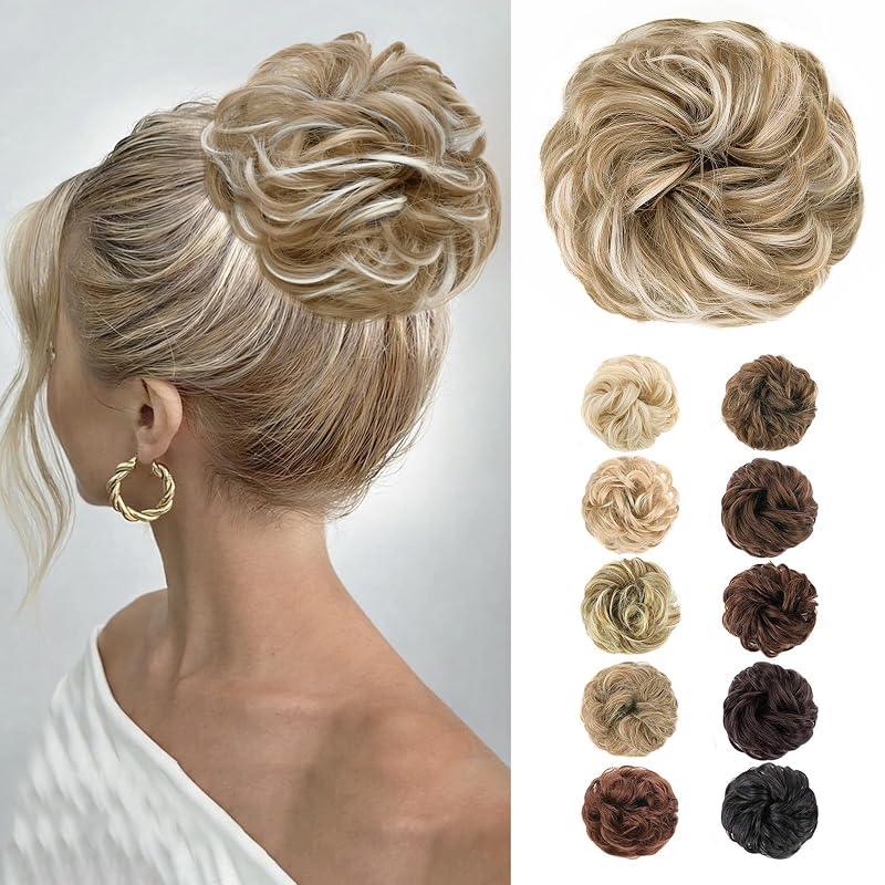 MORICA 1PCS Messy Bun Hair Piece for Women,Light Brown & Blonde Highlights
