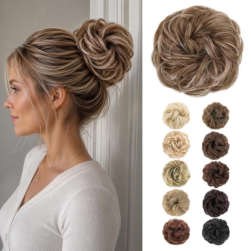 MORICA 1PCS Messy Bun Hair Piece for Women,Ash Brown with Blonde Highlights