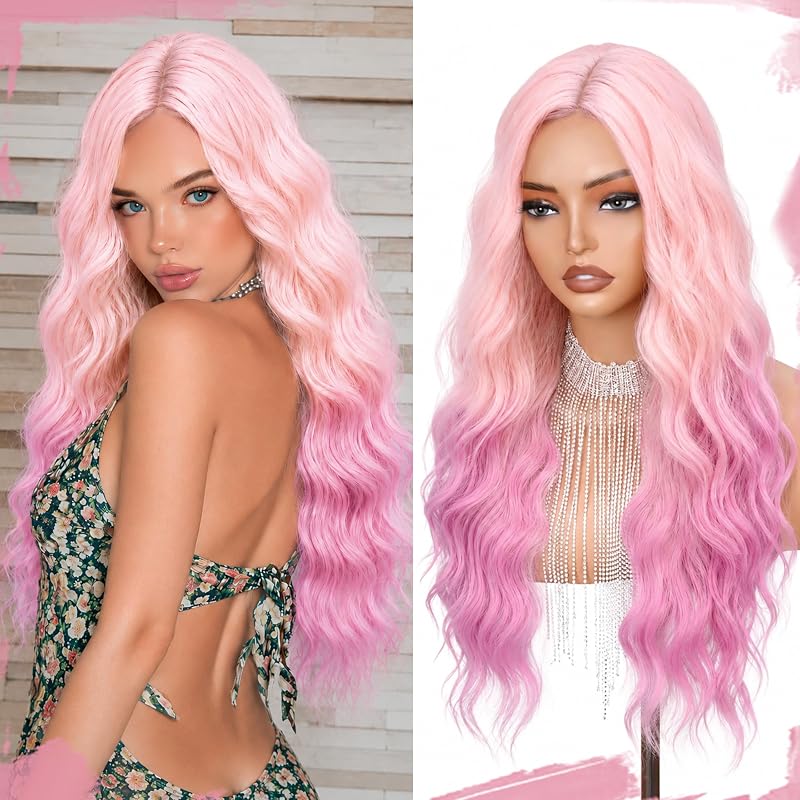 Cosplay Long Pink Lavender Wig 28 Inch Middle Part Synthetic Wigs for Women