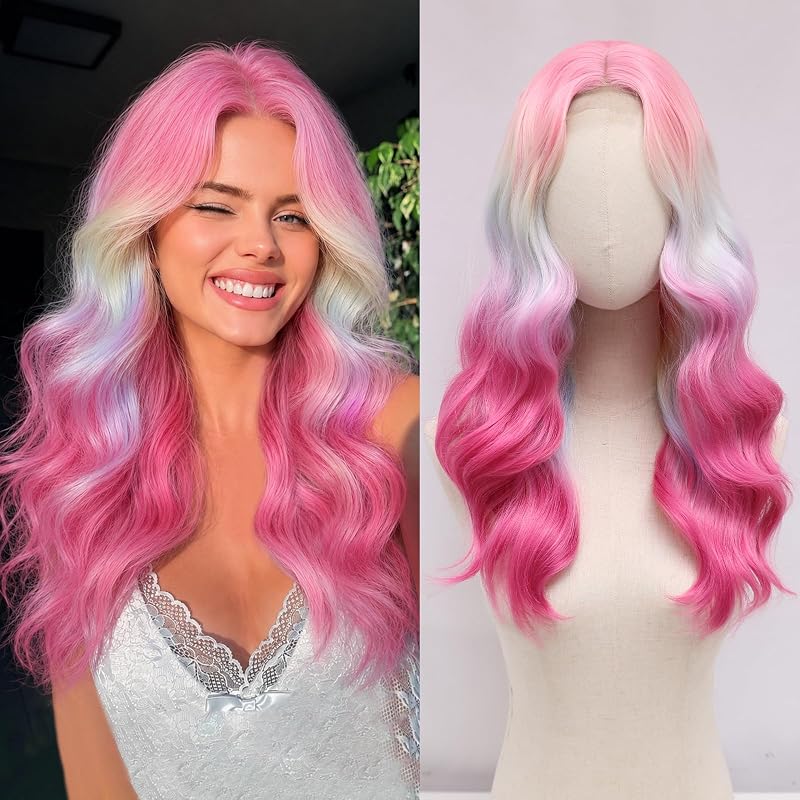 MORICA Rainbow Mix Wigs for Women, 18 Inch Wavy Middle Part Synthetic Wig