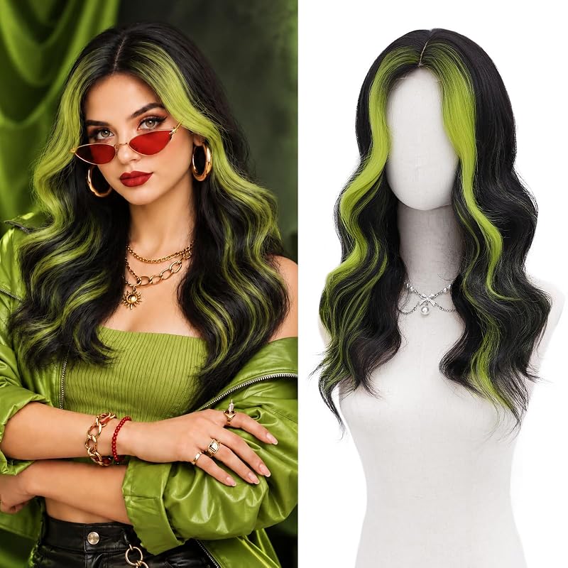 MORICA Black Green Wigs for Women, 18 Inch Wavy Middle Part Synthetic Wig