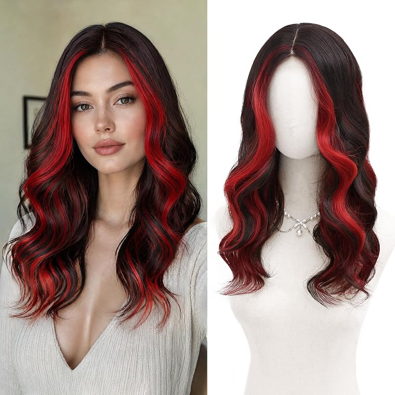 MORICA Black Red Wigs for Women, 18 Inch Wavy Middle Part Synthetic Wig