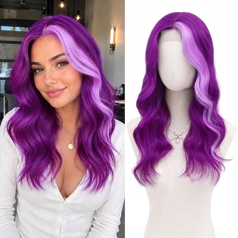 MORICA Light Purple Wigs for Women, 18 Inch Wavy Middle Part Synthetic Wig