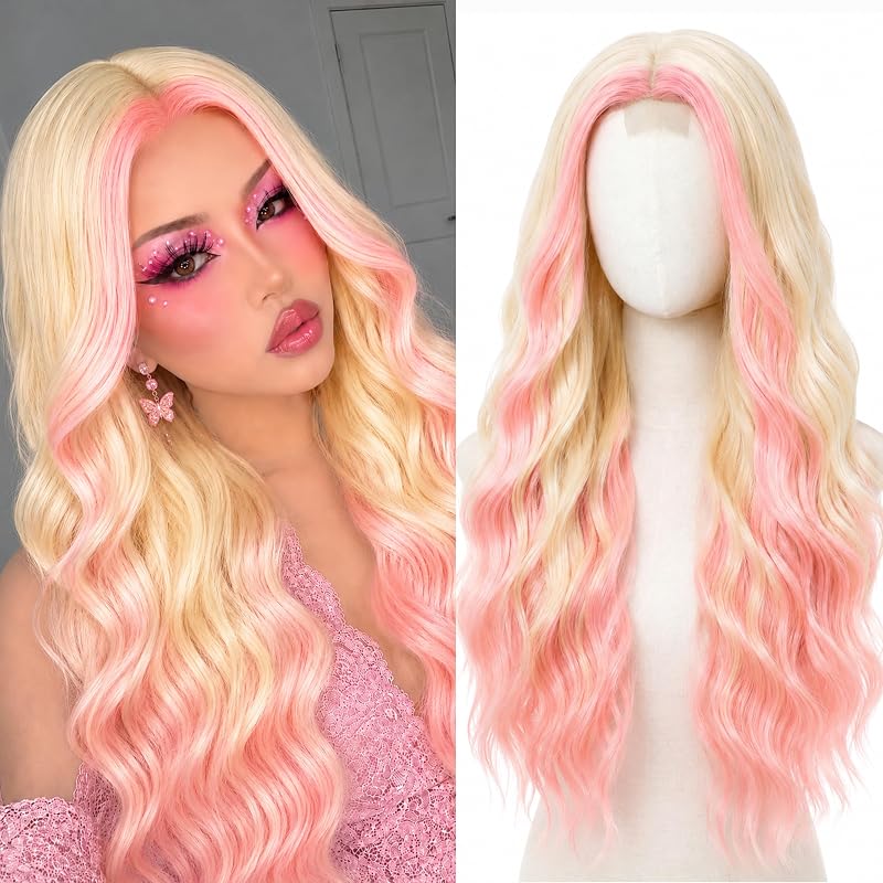 Cosplay Long Blonde Pink Wig 28 Inch Middle Part Synthetic Wigs for Women