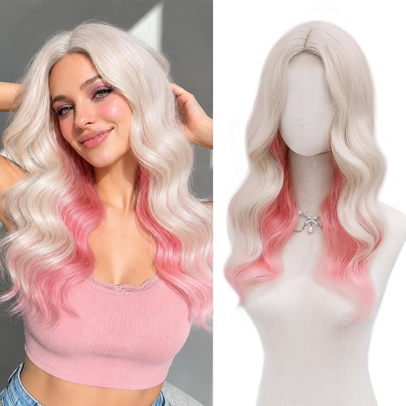 MORICA Blonde Pink Wigs for Women, 18 Inch Wavy Middle Part Synthetic Wig