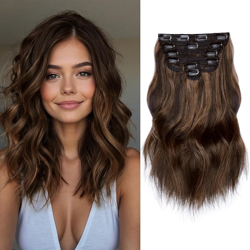 NAYOO Clip in Hair Extensions, 14 Inch Brown Wavy Synthetic Hairpieces 6PCS