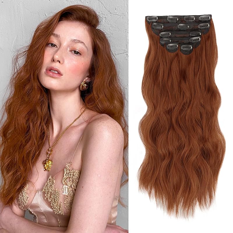 WECAN Clip in Hairpieces 19 Inch Auburn Long Wavy Curly 6PCS Hairpieces for Women Natural Thick Synthetic Fiber Double Weft Hair Full Head