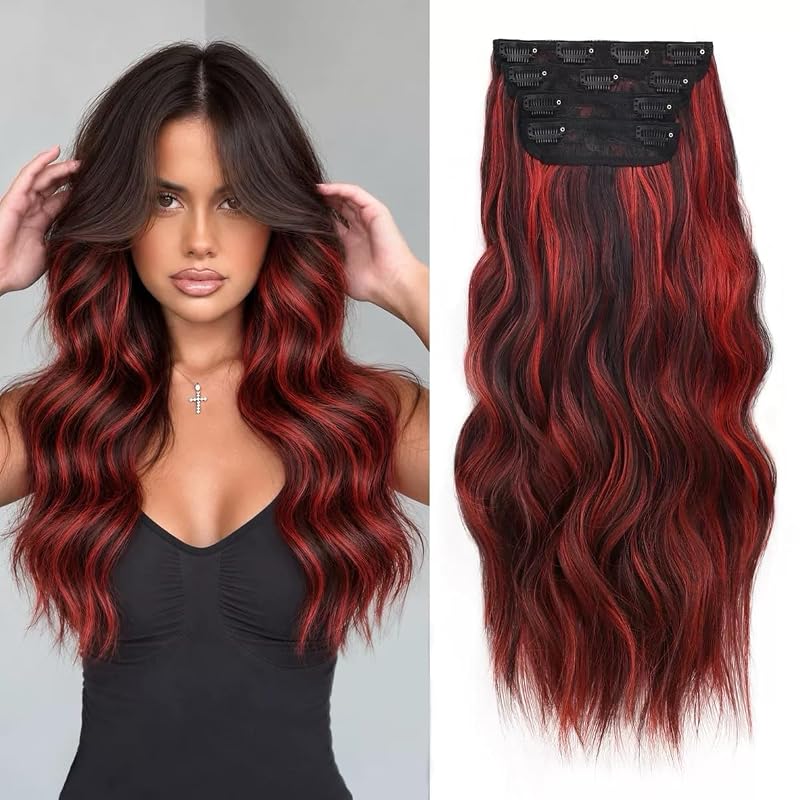 20” Red Clip in Hair Extensions Long Wavy Synthetic Extensions for Women