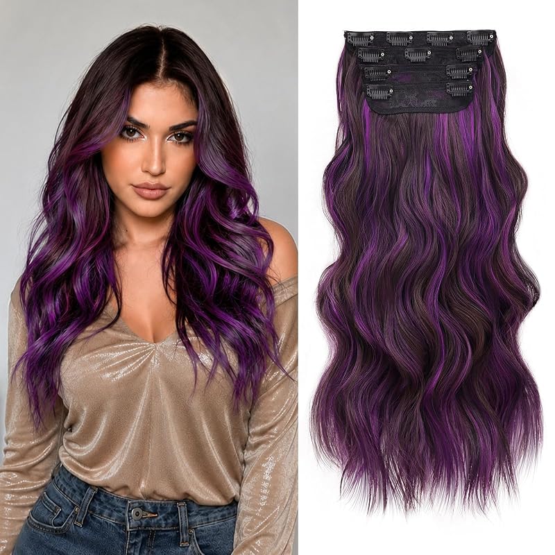 20” Purple Clip in Hair Extensions Long Wavy Synthetic Extensions for Women