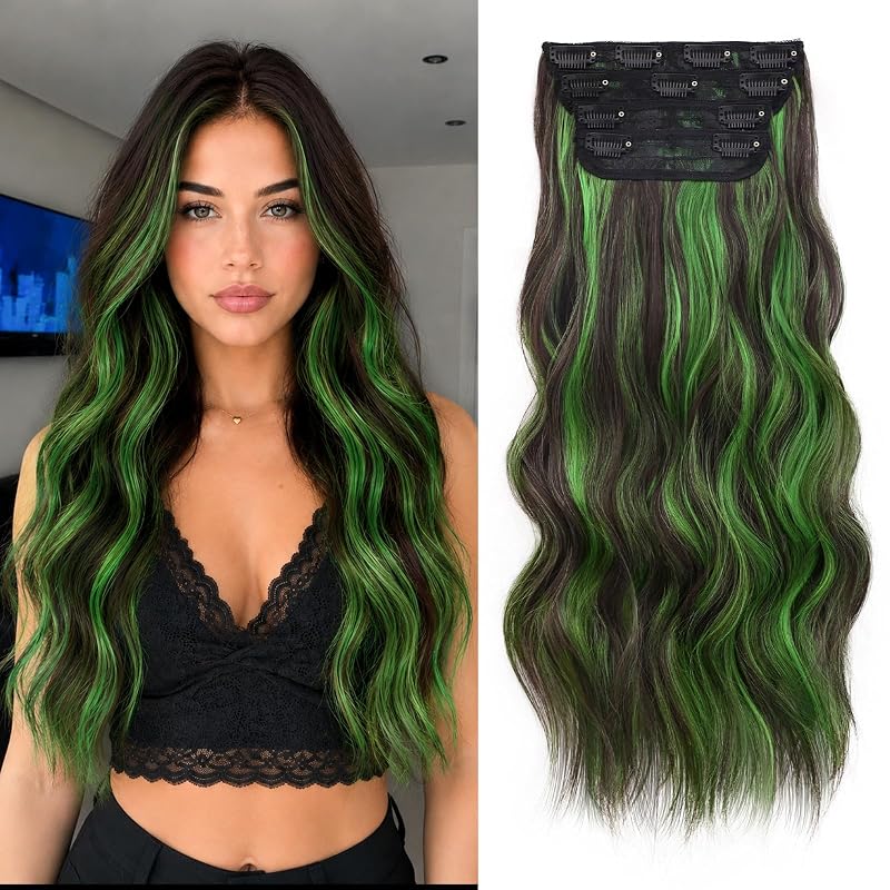 20” Green Clip in Hair Extensions Long Wavy Synthetic Extensions for Women