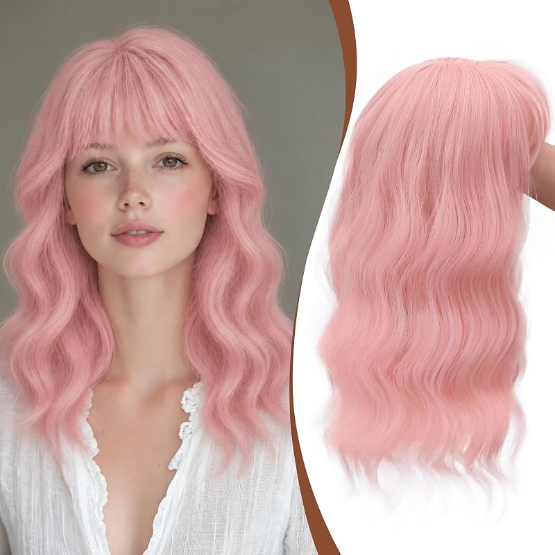 Hair Topper with Bangs 16 Inch Sakura Pink Wavy Hairpiece 6.5x6.5 Base