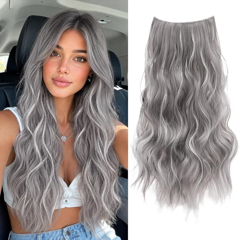BUPPLER Halo Hair Extensions 20 Inch Invisible Wire Silver Grey