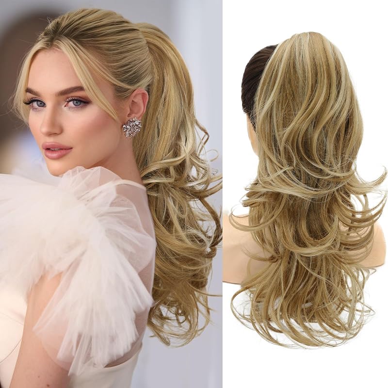 NAYOO Claw Clip Ponytail Extension Blonde 18" Long Wavy Ponytail Clip in Hair Extensions for Women Curly Natural Layered Pony Tails (Medium Blonde with Blonde Highlights)