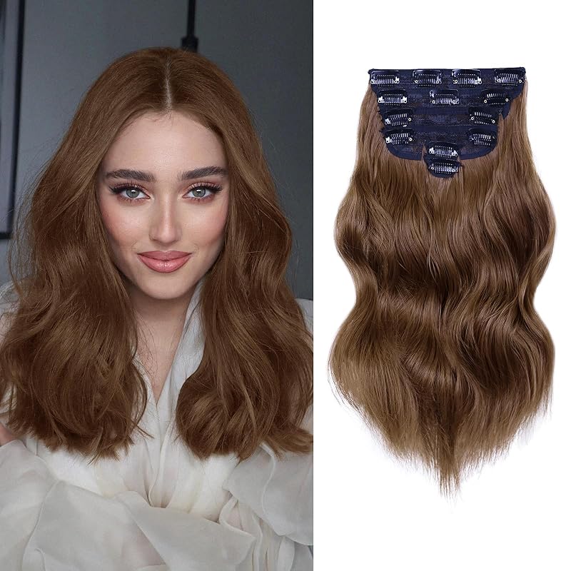 NAYOO Clip in Hair Extensions, 14 Inch Brown Wavy Synthetic Hairpieces 6PCS