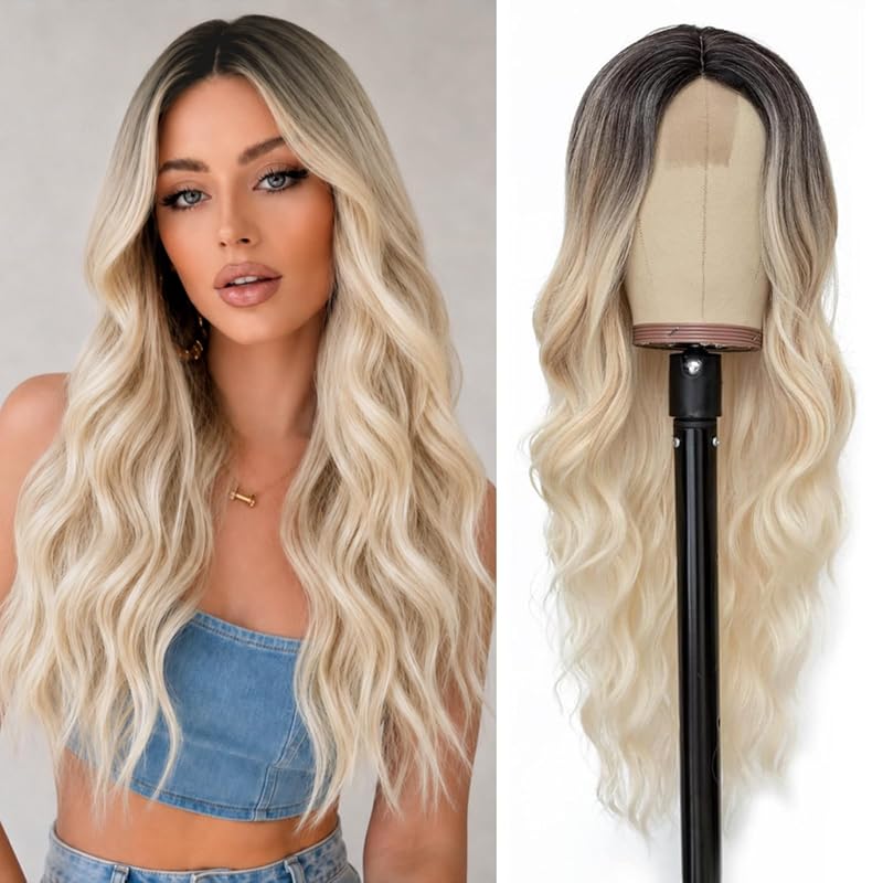Cosplay Long Rooted Blonde Wig 26 Inch Middle Part Synthetic Wigs for Women