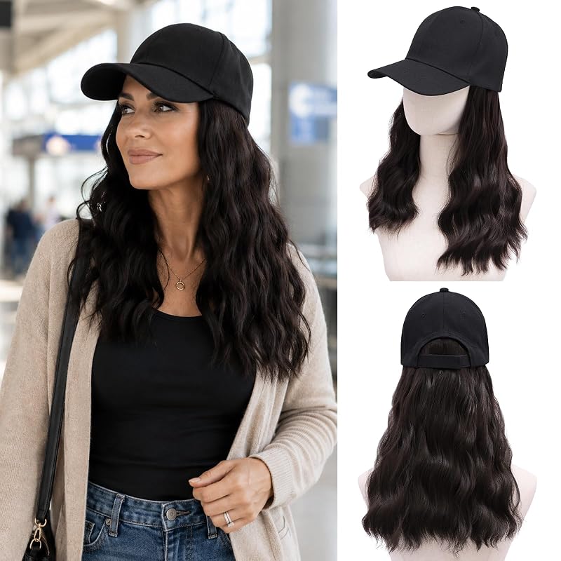 MORICA Hat with Hair Attached for Women, Brown Black Long Wavy Extensions with Breathable Baseball Cap Wig for Daily Party(20inch,Brown Black)