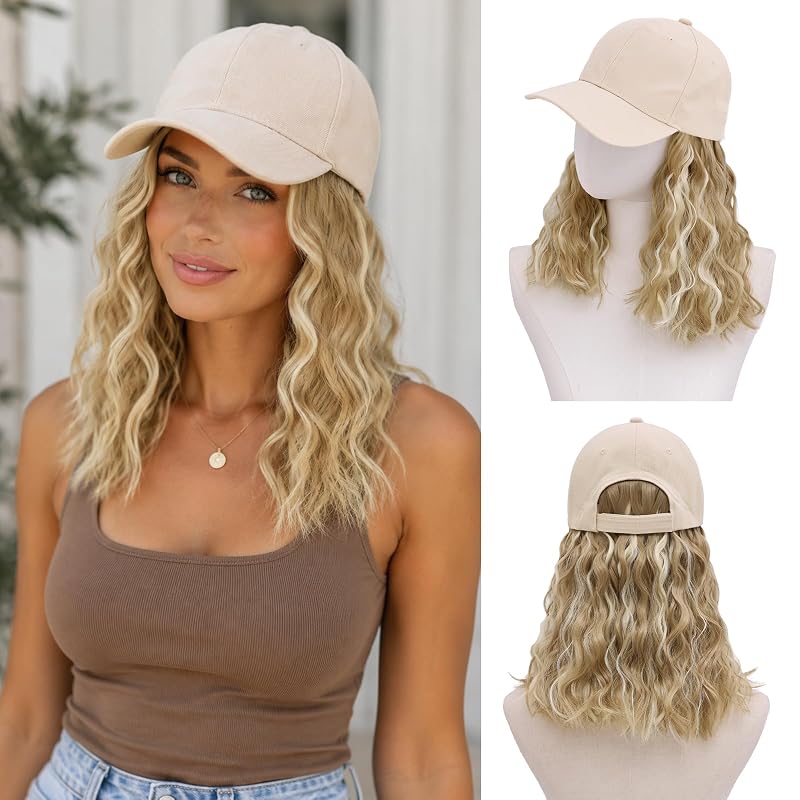 MORICA Hat Wig Extensions, Baseball Cap with Synthetic Hair Attached, Adjustable Cap with Hair 16" Hairpieces for Women Daily Outdoor(16inch,24H613)
