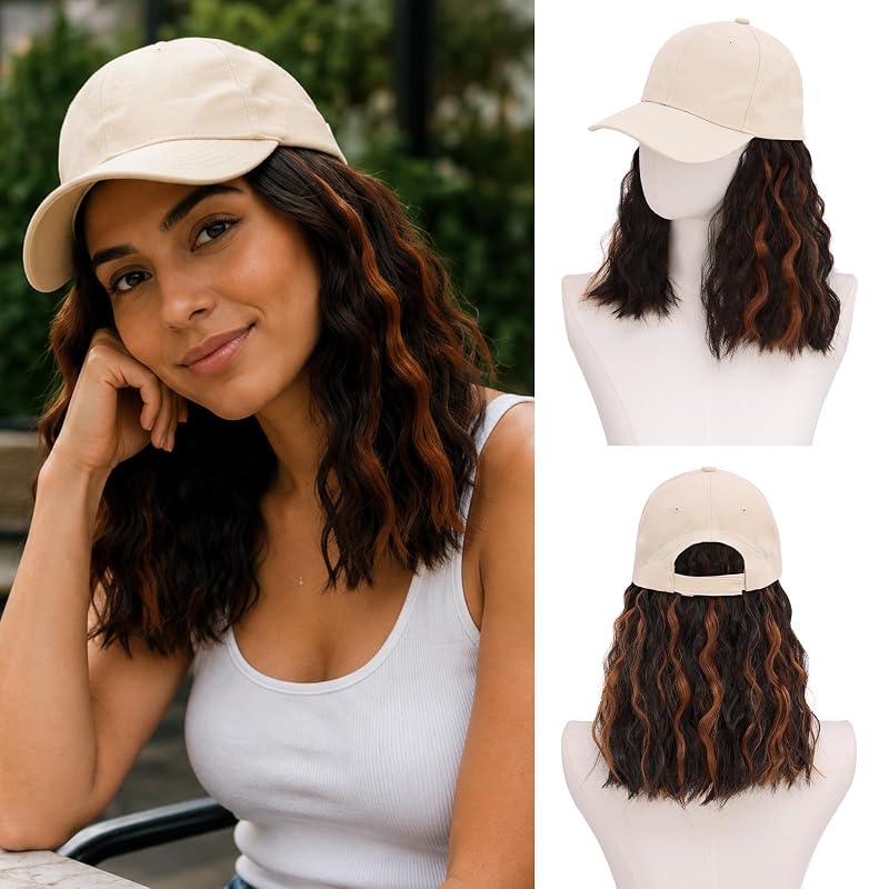 MORICA Wig Hat with Hair Attached for Women,16" Hat Wig, Short Curly Bob Extensions with Breathable Hat, Quick Wear Hairpieces for Daily Travel(16inch,4H30)