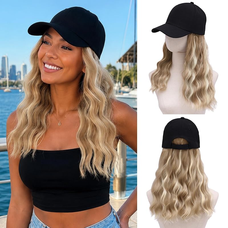 MORICA Hat Wig 20 Inch Water Wave Baseball Cap Wig Ash Blonde Blend