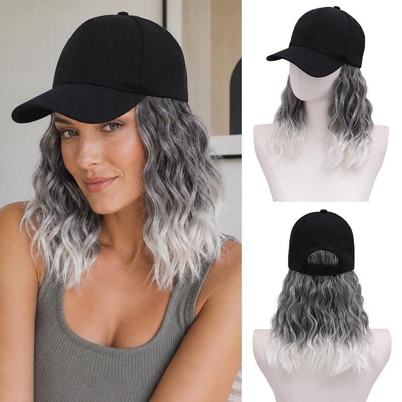 MORICA Hat Wig Extensions, Baseball Cap with Synthetic Hair Attached, Adjustable Cap with Hair 16" Hairpieces for Women Daily Outdoor(16inch,Omber Grey)